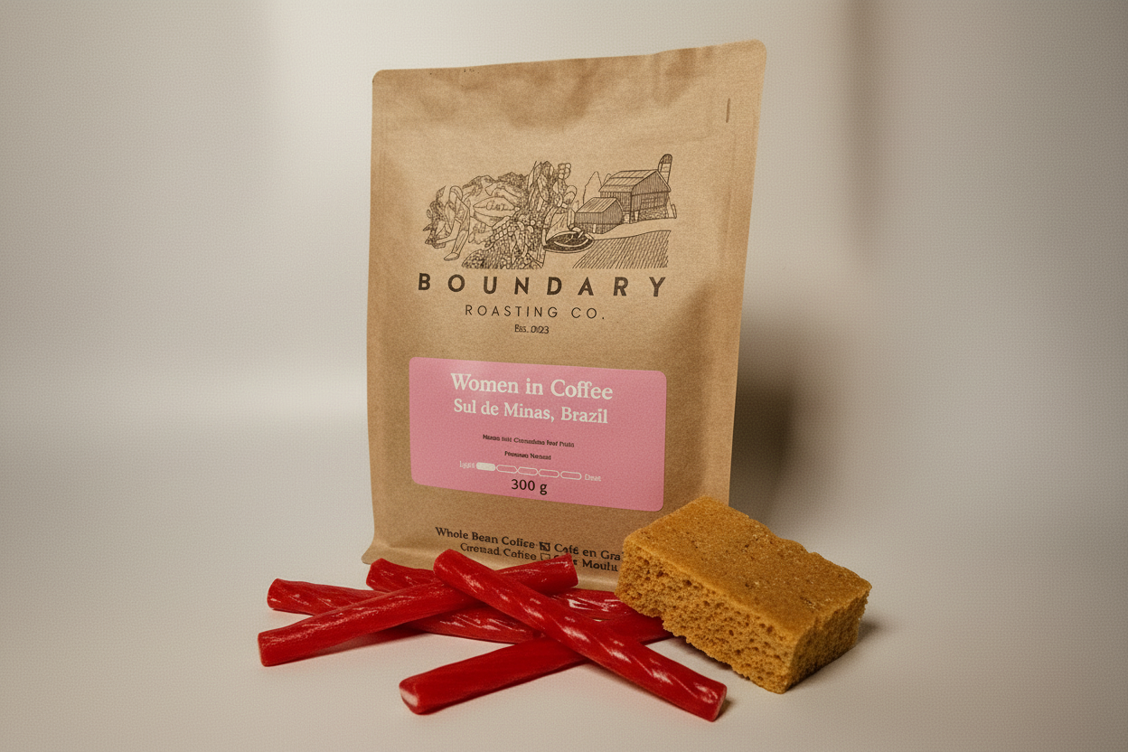 Coffee bag with red licorice and sponge toffee
