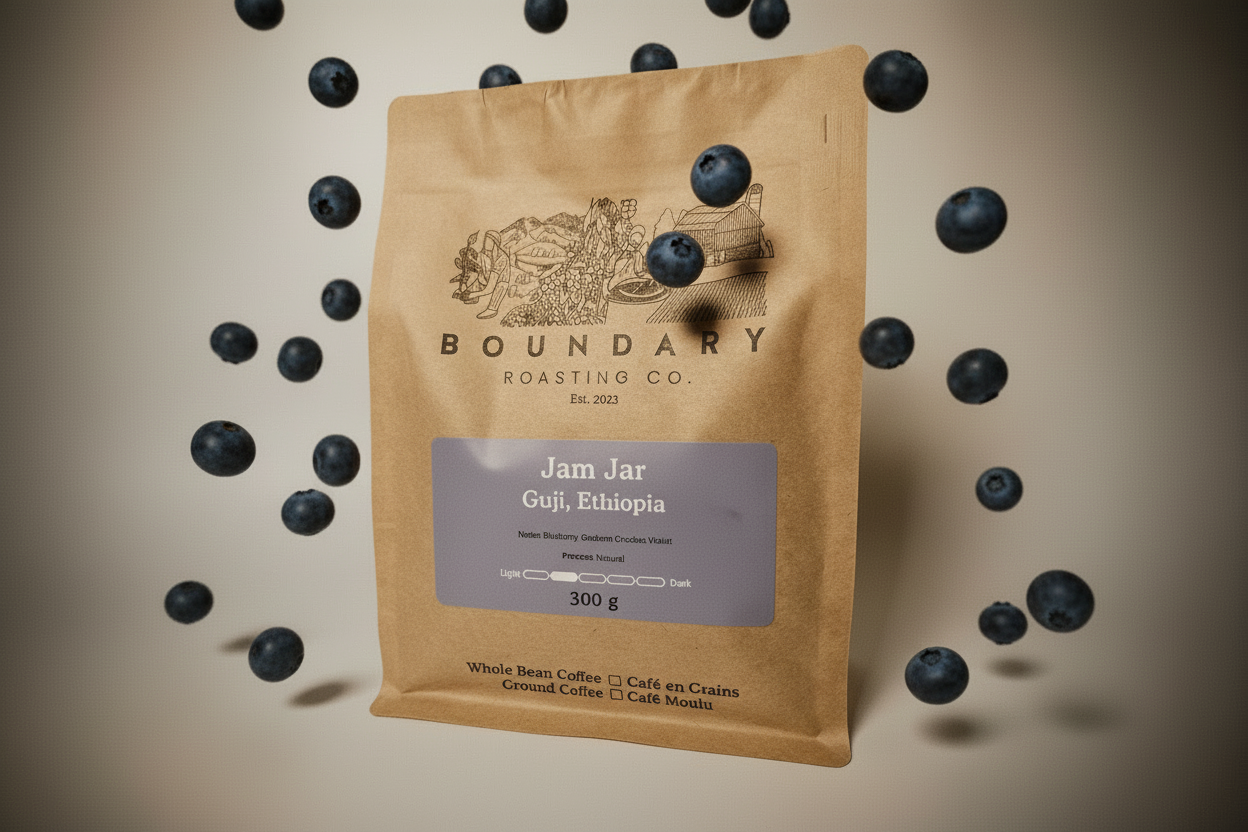 Jam Jar with falling blueberries